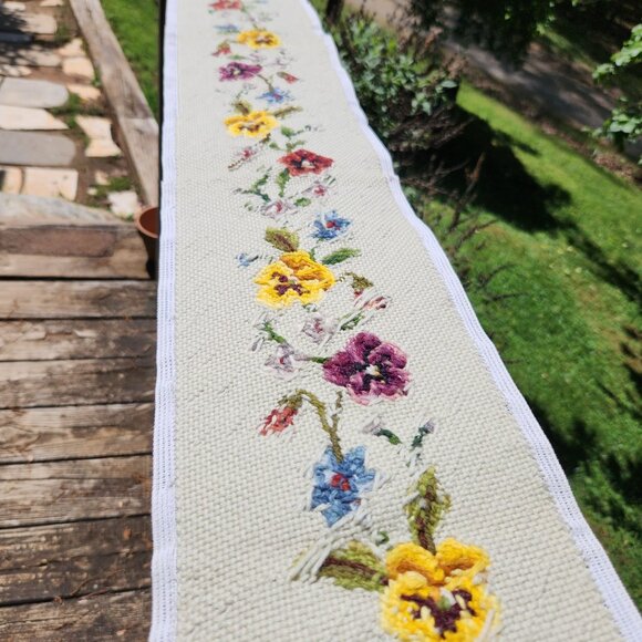 Vintage Hand-Stitched Floral Cross Stitch Runner 42" X 7" - Picture 13 of 15